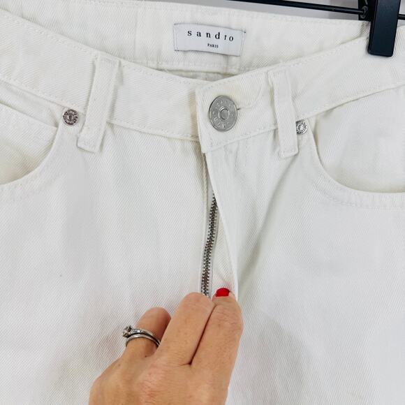 Sandro Paris Wide Leg Jeans Raw Hem Cream Denim High Rise Cotton Pants Size 36 - Picture 4 of 8